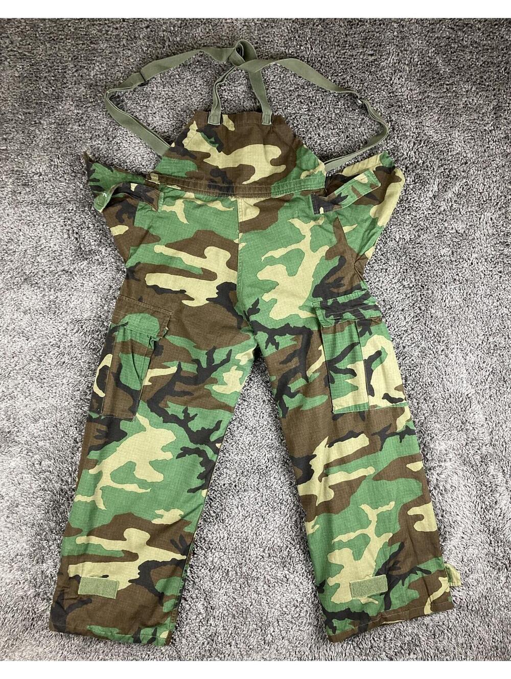 US Military CBRN Chemical Protective Pants Men's Woodland Camo Suspenders Sz S